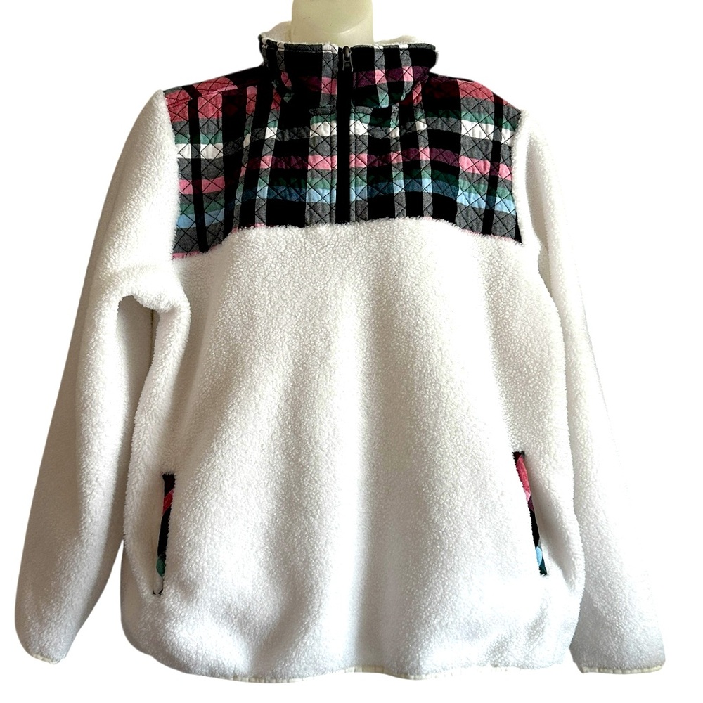 Vera Bradley Teddy 1/4 Zip Fleece Pullover- White and plaid, pockets. Size 3X